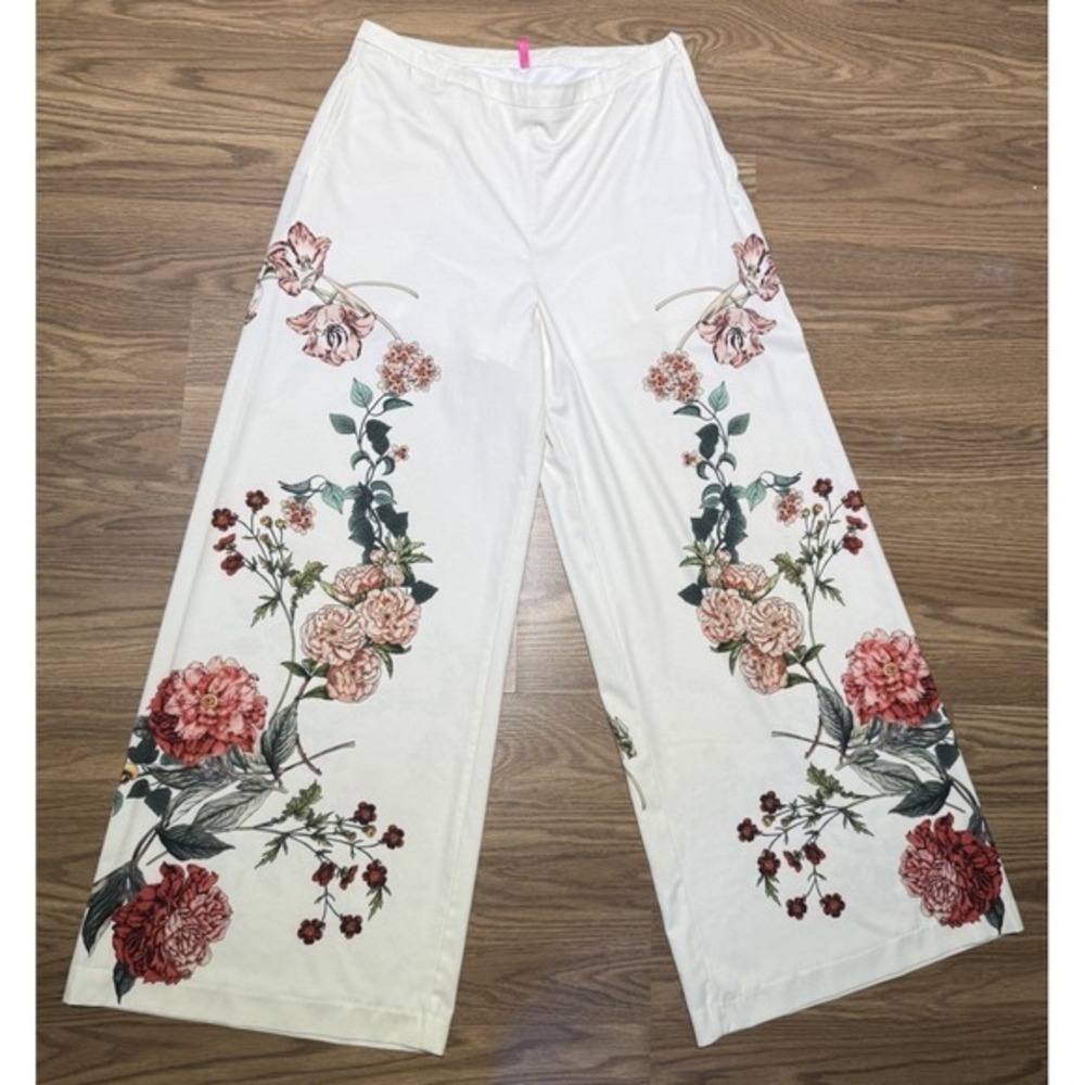 2XTREMZ Women's Wide Legged Cream With Floral Print Lined‎ Dress Pants Size M